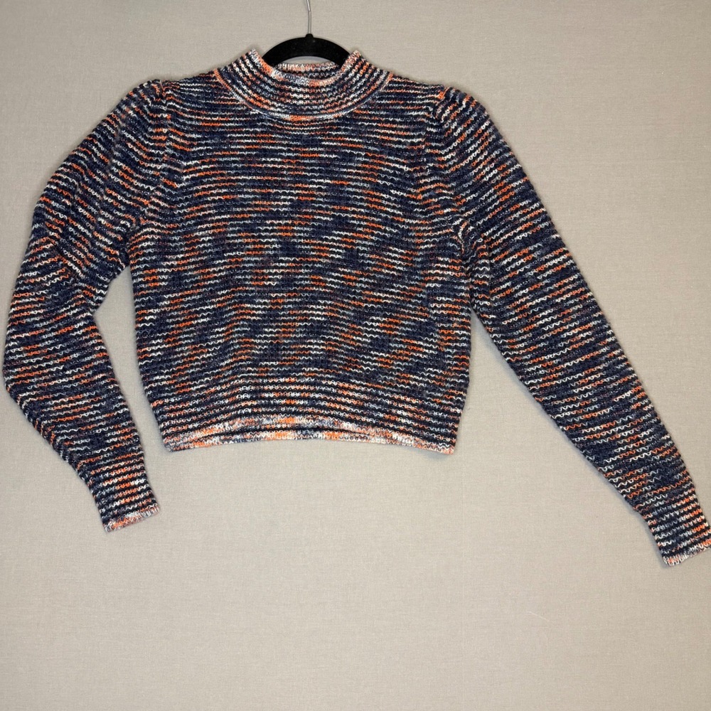 Treasure & Bond Space Dye Cropped Mock Neck Wool Blend Sweater Navy Orange Small